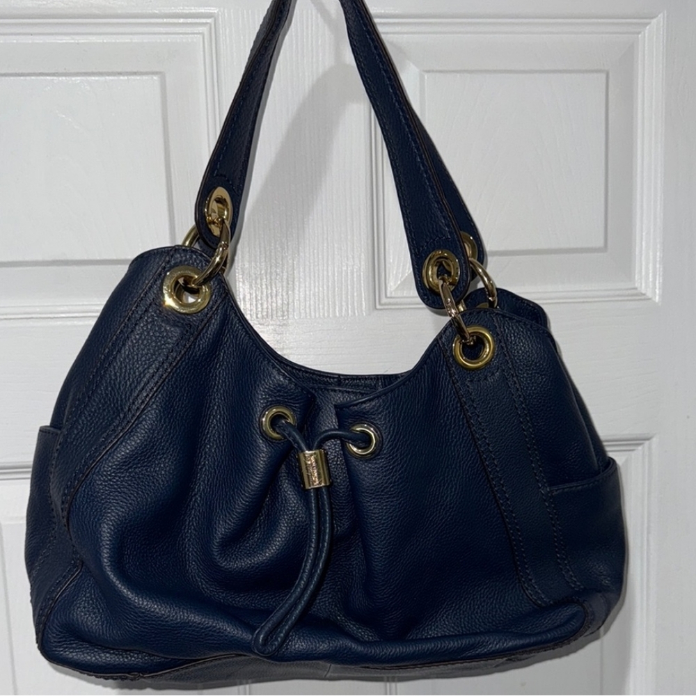 Michael Kors Navy Blue Shoulder Bag with Gold Accents